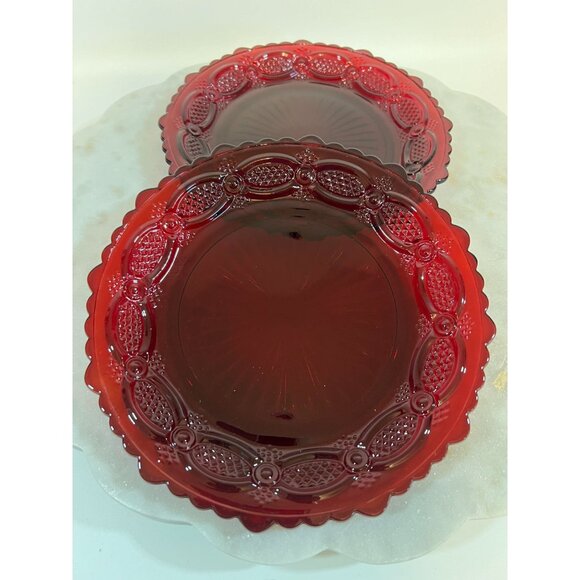 Vtg Avon Ruby Red 7.5" Glass Plates Cape Cod 1876 Collection Set Of 2 Christmas - Picture 1 of 4